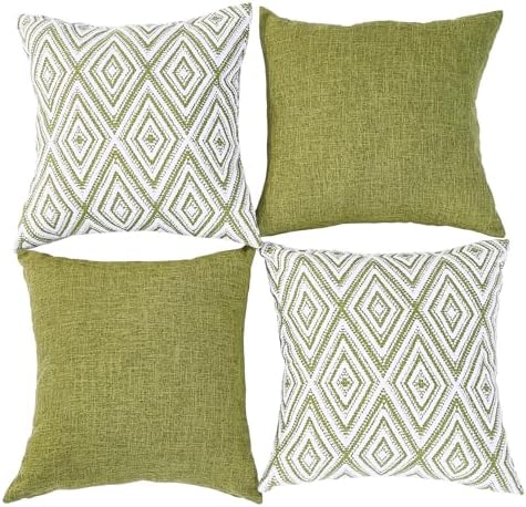 HPUK Decorative Throw Pillow Covers Set of 4 Geometric Design Linen Cushion Cover for Couch Sofa Living Room, 18"x18" inches, Green