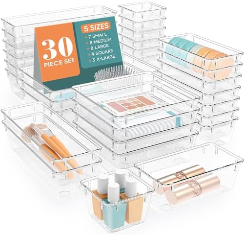 WOWBOX 30 PCS Clear Plastic Drawer Organizer Set, 5 Sizes Desk Drawer Divider Organizers and Storage Bins for Makeup, Jewelry, Gadgets for Kitchen, Bedroom, Bathroom, Office