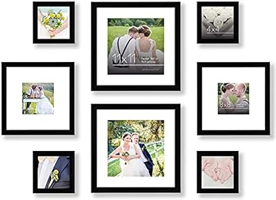 Americanflat 8 Pack Black Gallery Wall Frame Set - Two 11x11 frames, Two 8x8 frames, and four 4x4 frames - Picture Frames Collage Wall Decor with Shatter-Resistant Glass and Hanging Hardware