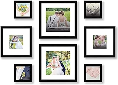 Americanflat Set of 8 Picture Frames with Shatter-Resistant Glass - Gallery Wall Frame Set with Two 11x11 Frames, Two 8x8 Frames and Four 4x4 Frames - Signature Collection - Black