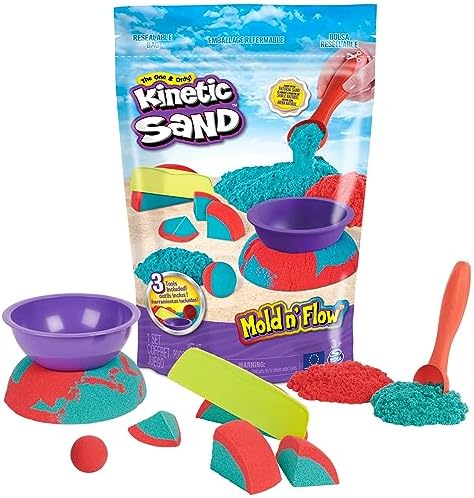 Kinetic Sand Mold n’ Flow, 1.5lbs Red and Teal Play Sand, 3 Tools Sensory Toys for Kids Ages 3+