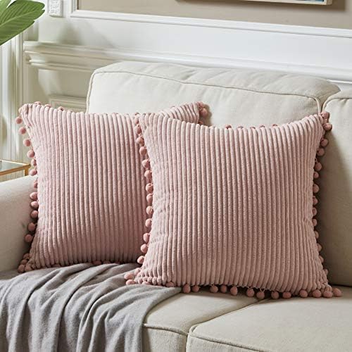 Fancy Homi Pack of 2 Decorative Throw Pillow Covers with Pom-poms, Soft Corduroy Solid Square Cushion Case Pillow Cases Set for Couch Sofa Bedroom Car Living Room (18x18 Inch/45x45 cm, Blush Pink)