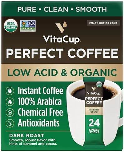 VitaCup Perfect Low Acid Instant Coffee Packets, Dark Roast Coffee, USDA Organic & Fair Trade, Third Party Tested for Mycotoxins & Pesticides, Single Origin, Clean & Pure, 24 ct