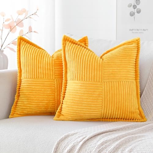 OTOSTAR Set of 2 Corduroy Throw Pillow Covers with Splicing Super Soft Boho Striped Pillow Covers Broadside Decorative Textured Throw Pillows for Couch Sofa Bed Living Room 24x24 Inch, Yellow