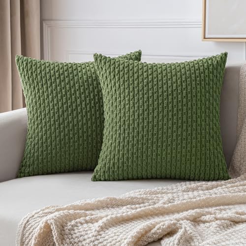 MIULEE Throw Pillow Covers Soft Corduroy Decorative Set of 2 Boho Striped Pillow Covers Pillowcases Farmhouse Home Decor for Couch Bed Sofa Living Room Spring 18x18 Inch Moss Green