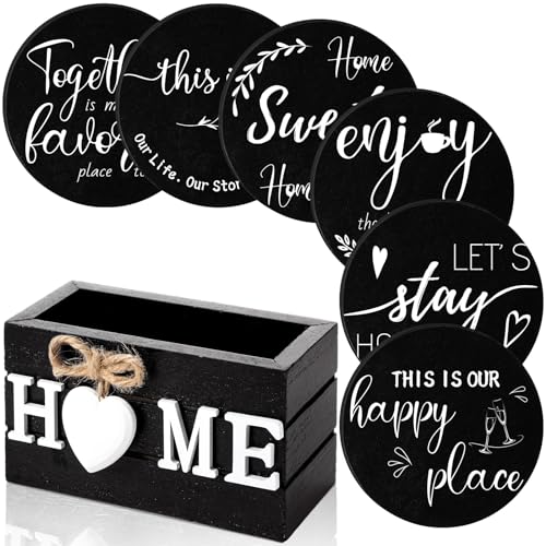 Housewarming Gifts for Home Decoration Wooden Heart Coasters for Drinks Set of 6 Farmhouse Coasters with Holder Funny for Fam