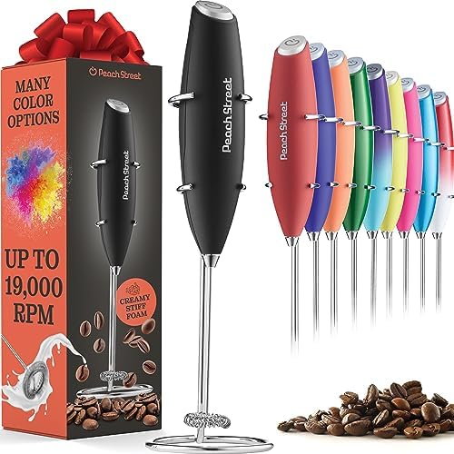 Powerful Handheld Milk Frother, Mini Milk Frother Wand, Battery Operated Stainless Steel Drink Mixer - Milk Frother Stand for Milk Coffee, Lattes, Cappuccino, Frappe, Matcha, Hot Chocolate. Great Gift