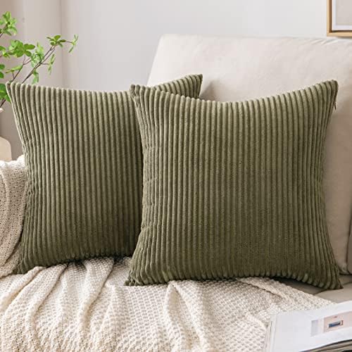 EMEMA Throw Pillow Covers Corduroy Decorative Soft Striped Square Cushion Covers Spring Pillowcases for Couch Sofa Bedroom Chair Car 18x18 Inch Pack of 2, Olive Green