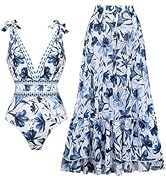 FLAXMAKER Blue and White Adjustable Shoulder Strip Plant Prints One Piece Swimsuit and Skirt/Sarong