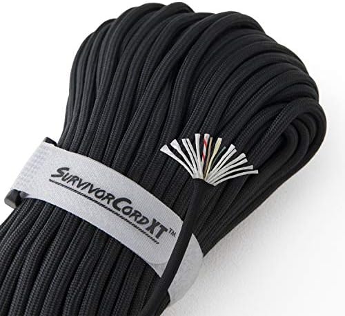 1000 LB SurvivorCord XT - Heavy Duty Paracord, 750 Type IV Military Grade with Kevlar Line, 25 lb Fishing Line, Waterproof Firestarter - Cordage for Camping. Thick Emergency Rope, 100 FT, Black