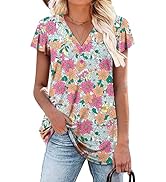 ROSELINLIN Womens Ruffle Sleeve Summer Tunic Tops V Neck Loose Fit Short Sleeve T Shirts