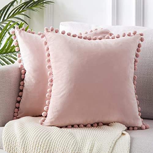 Top Finel Blush Pink Throw Pillow Covers 18x18 Inches for Couch Aesthetic Decorative Sofa Pillow Covers Set of 2 Soft Velvet Cushion Cover Pillow Cases with Pom-poms for Bedroom Livingroom Office Car