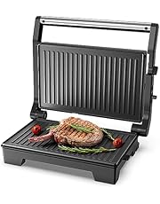 OSTBA Toaster with Non-Stick Plates, Panini Press with Lockable Lid, Opening at 105° and 180°, Automatic Temperature, Indicator Light, Cold Handle, 1000 W, Black