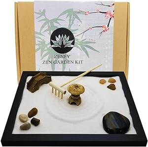 Zen Sand Garden for Desk with Rake, Rocks and Figures (Medium)