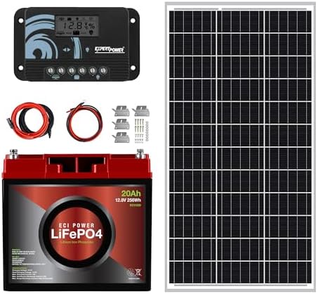 ECI Power 100W 12V Solar Power Kit | 12V 20Ah LiFePO4 Lithium Battery | 100W Mono Rigid Solar Panel, 10A PWM Solar Charge Controller | RV, Trailer, Camper, Marine, Off Grid, Solar Projects