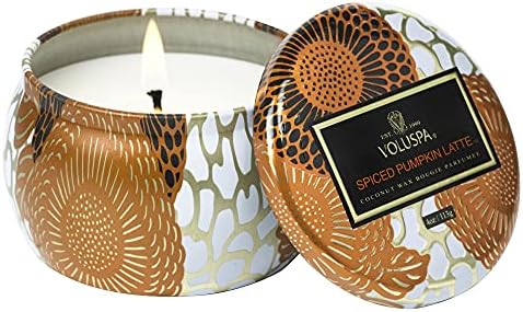 Voluspa Spiced Pumpkin Latte Candle | Mini Tin | 4 Oz. | Fall Candle | Clean Burning Coconut Wax Candle and Natural Wicks