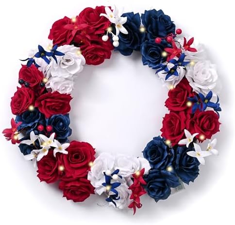 DecorbyHannah Patriotic Wreath, 24 Inch Rose 4th of July Wreaths for Front Door with Lights, Summer Red White Blue Garland for Independence Day, Memorial Day for Outdoor Hanging Decorations