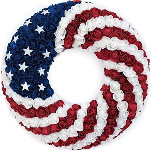 18Inch Patriotic Roses Wreath, 4th of July Summer Soft Touch Foam Roses Wreath for The Front Door, Handcrafted Memorial Day Artificial Flowers Wreath for Indoor and outdoor