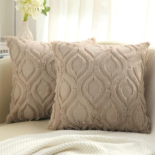 decorUhome Decorative Throw Pillow Covers 20x20, Soft Plush Faux Wool Couch Pillow Covers for Home, Set of 2,Khaki