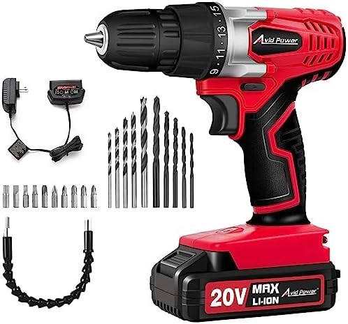 AVID POWER 20V MAX Lithium lon Cordless Drill Set, Power Drill Kit with Battery and Charger, 3/8-Inch Keyless Chuck, Variable Speed, 16 Position and 22pcs Drill Bits (Red)