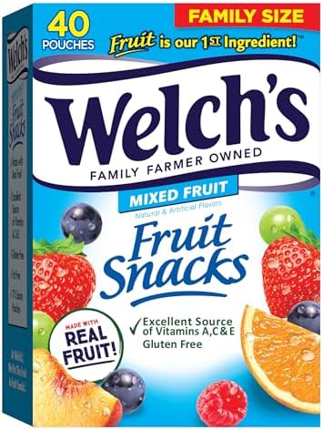 Welch's Fruit Snacks, Mixed Fruit, Perfect for School Lunches, Gluten Free, Bulk Pack, Individual Single Serve Bags, 0.8 oz (Pack of 40)