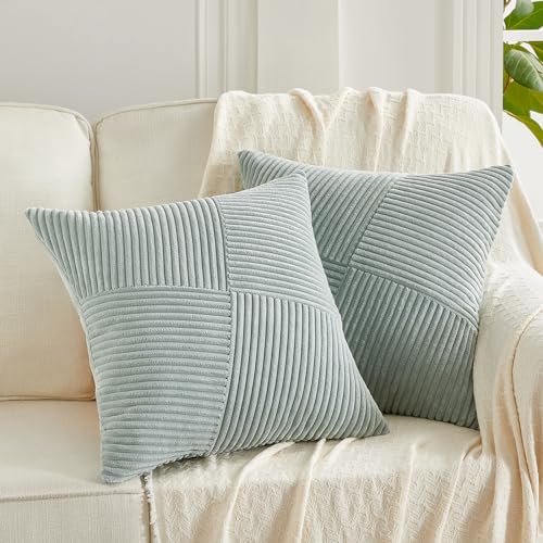Fancy Homi Set of 2 Grey Blue Boho Decorative Throw Pillow Covers 18x18 Inch with Diagonally Pattern for Living Room Couch Bed Sofa, Soft Textured Corduroy Aesthetic Farmhouse Home Decor 45x45 cm