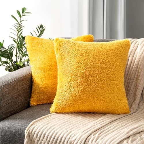 PAVILIA Fluffy Mustard Yellow Throw Pillow Covers, Decorative Accent Pillow Cases for Bed Sofa Couch, Soft Faux Fur Cushion Cover, Square Sherpa Pillowcases, Home Room Decor, Yellow, 18x18 Set of 2