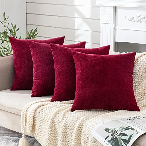 GAWAMAY Decorative Square Throw Pillow Covers 18x18 Inch set of 4, Super Soft Chenille Pillows Cover Fall Pillowcase for Living Room Bedroom Sofa Couch Cushion Cover Burgundy Red 45x45cm