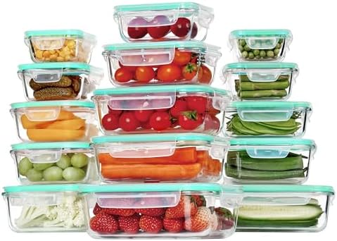 Vtopmart 15 Pack Glass Food Storage Containers, Meal Prep Containers, Airtight Glass Bento Boxes with Leak Proof Locking Lids, for Microwave, Oven, Freezer and Dishwasher