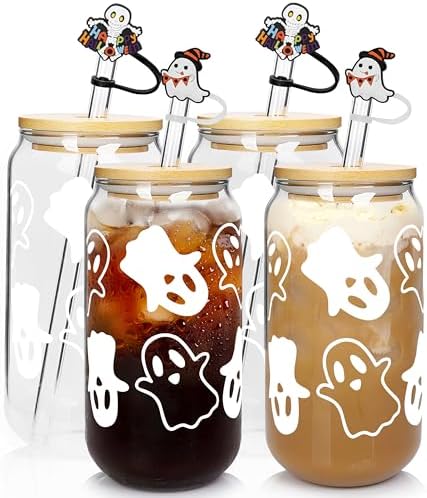 ANOTION Halloween Mugs - 18 oz Halloween Ghost Decor Ghost Mug Halloween Decorations Glass Cups Tumbler Iced Coffee Cups Halloween Mugs Glassware Cookie Jar Decor Gift Drinking Water Bottles