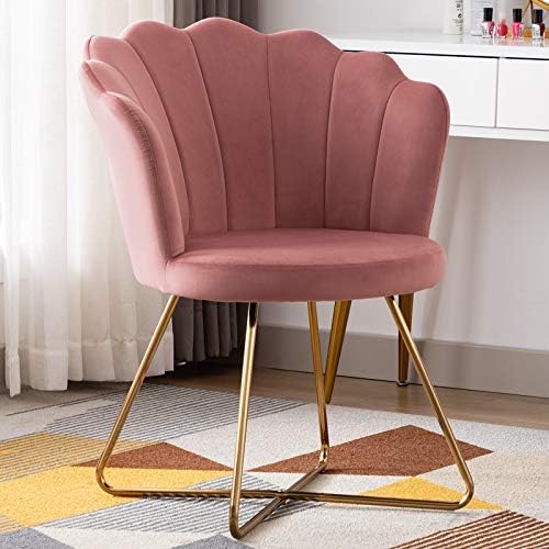 DUHOME Velvet Accent Chair，Living Room Chair with Back for Bedroom Makeup Room, Shell Shaped Living Room Chair with Golden Metal Legs, Pink