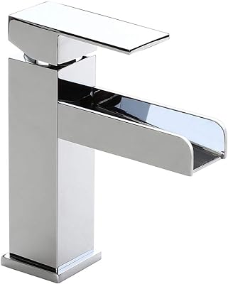 Homary Modern Waterfall Spout Bathroom Vanity Sink Faucet Single Lever Handle One Hole Polished Chrome Finish Deck Mount Bathroom Sink Faucet with Pop Up Drain