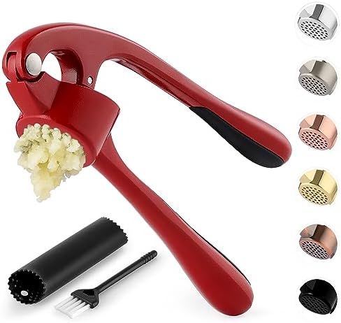 Zulay Kitchen Premium Garlic Press Set - Rust Proof & Dishwasher Safe Professional Garlic Mincer Tool - Easy-Squeeze, Easy-Clean with Soft, Ergonomic Handle - Silicone Garlic Peeler & Brush (Red)