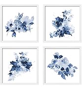 ArtbyHannah 4 Pack 10x10 Framed Blue Wall Art Set with White Frame Floral Print for Bathroom Bedr...