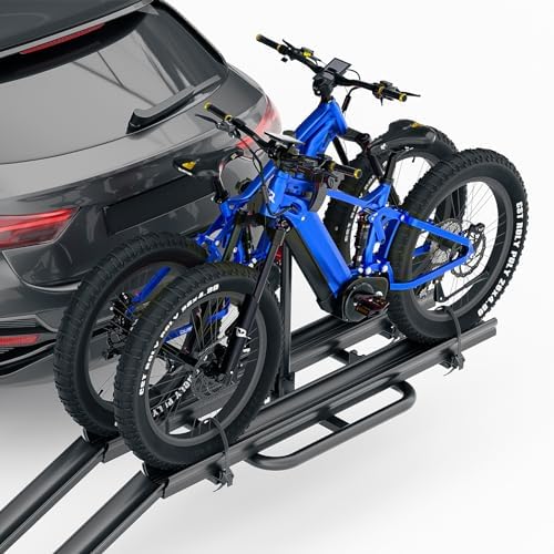 EYOUHZ 2 EBike Rack With Ramp, 2" Hitch Mounted Carrier Bike Racks Platform, Heavy Duty 200 Lbs Max Loading for Standard, Fat Tire and Electric Bicycles, Foldable E-Bike Rack for SUVs Cars Trucks Vans