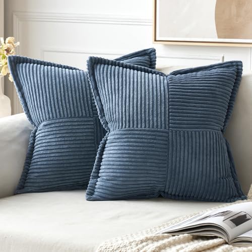 MIULEE Blue Corduroy Pillow Covers 20x20 inch with Splicing Set of 2 Super Soft Boho Striped Pillow Covers Broadside Decorative Textured Throw Pillows for Spring Couch Cushion Bed Livingroom