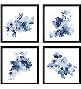 ArtbyHannah 4 Pack 10x10 Blue Wall Art Framed with Black Frame and Floral Print for Bathroom or H...