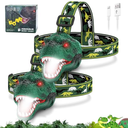 Nitigo Dinosaur Headlamp for Kids Flashlight 2 Pack, Rechargeable Led Headlights Roar & Silent Mode, T-Rex Dinosaur Toys, Cam