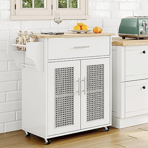 Pingliang Home Kitchen Island with Storage, 31" Rolling Kitchen Island on Wheels with Solid Wood Countertop, White Kitchen Cart with Rattan Storage Cabinet, Spice Rack, Towel Rack and Drawers