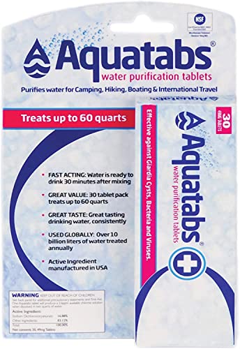 Aquatabs 49mg Water Purification Tablets (30 Pack). Water Filtration System for Hiking, Backpacking, Camping, Emergencies, Su