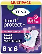 48 x Tena Lady Discreet Maxi Night Incontinence Pads for Women, 8 Packs of 6, with Medium to Heavy Bladder Weakness, Specifically Designed for Night Time Protection with Wider Back and Extra Length