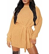 ZESICA Women's Long Sleeve Solid Color Waffle Knitted Tie Waist Tunic Pullover Sweater Dress