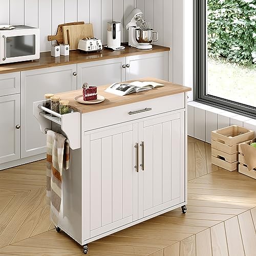 Pingliang Home 41" Kitchen Storage Island, Wooden Rolling Kitchen Island On Wheels with Wood Top, Mobile Kitchen Island Cart with Towel Rack, Spice Rack and Drawers, White