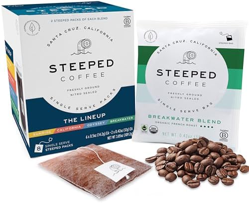 Steeped Coffee Tea Bags - Single Serve Coffee Pouches - Eco-Friendly, Hand Roasted & Freshly Ground - Brewed in Minutes, Just Add Water (Variety Pack)(8 Pack)