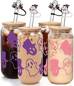 ANOTION Halloween Coffee Cups - 18oz Halloween Ghost Decor Ghost Mug Halloween Decorations Glass Cups Tumbler Iced Coffee Cups Halloween Mugs Glassware Cookie Jar Decor Gift Drinking Water Bottles