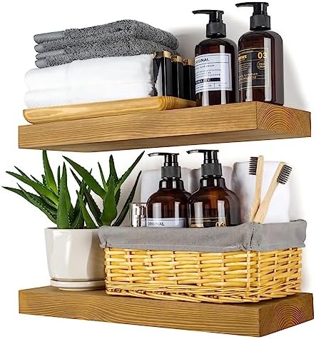 XWNE Wood Floating Shelves,16 inch Rustic Wood Wall Shelves for Bathroom Living Room Bedroom Kitchen Farmhouse Laundry Room Set of 2,Handmade-Thickened Wall Shelf,Oak Color