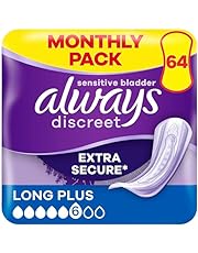 Always Discreet Incontinence Pads Women, Long Plus, Absorbency 5, 64 Sanitary Towels (16 x 4 Packs), Extra Secure Bladder Leak Protection, Odour Neutraliser