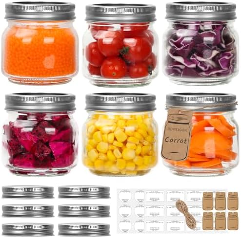 Eathtek Small Mason Jars 8oz/240ml with Regular Lids, 6 Pack Glass Canning Jars With Labels, Mini Glass Jars for Jam Jelly Spice Honey Herbs, Wedding Shower Favors Food Storage Candle Jars