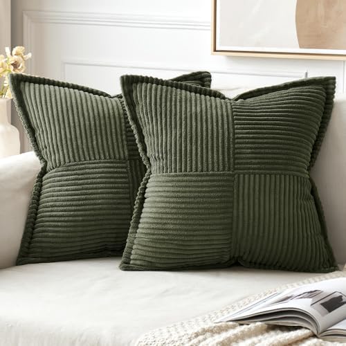 MIULEE Olive Green Corduroy Pillow Covers 18x18 inch with Splicing Set of 2 Super Soft Boho Striped Pillow Covers Broadside Decorative Textured Throw Pillows for Spring Couch Cushion Bed Livingroom