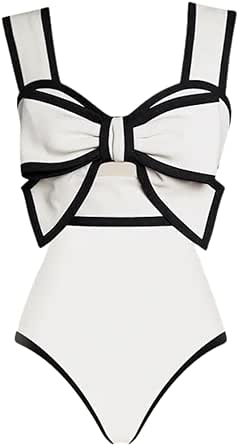 FLAXMAKER Black and White Swimsuit Bow-tie Decor One Piece Bathing Suit